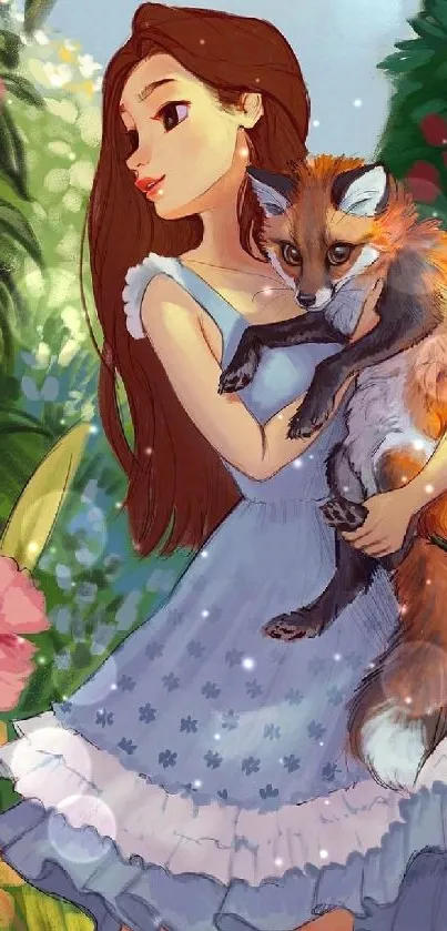 Girl holding a fox in a colorful garden.