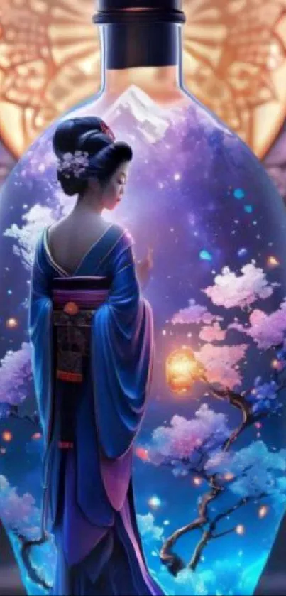 A mystical geisha in a bottle with fantasy elements and vibrant colors.