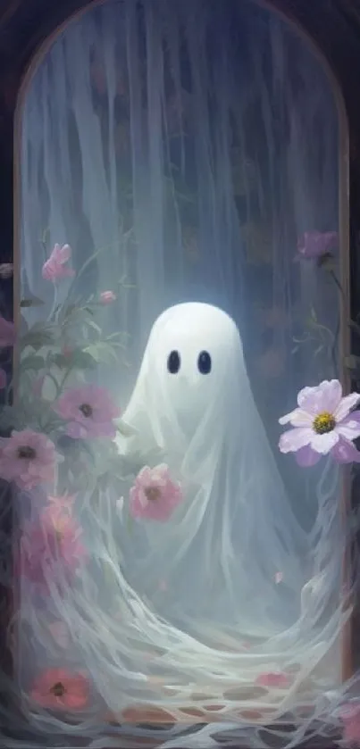 A ghost floats amid flowers in a magical setting.