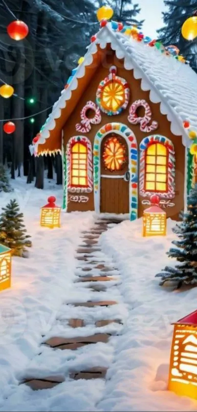 Gingerbread house with snowy path and festive lanterns in a winter forest.