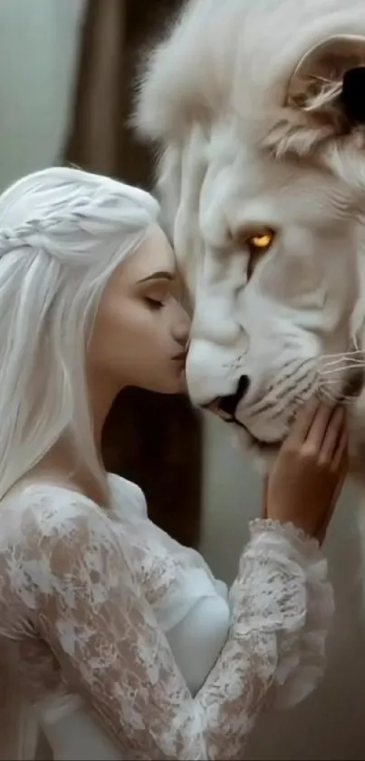 A girl tenderly touching a white lion's face, creating a serene fantasy moment.