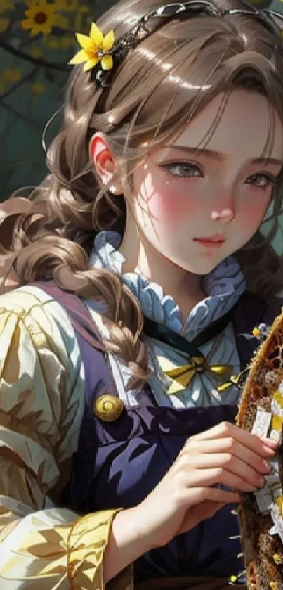 Beautiful illustration of a girl with yellow flowers and intricate details.