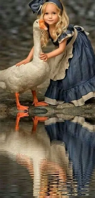 Young girl in vintage dress beside goose with reflection in water.