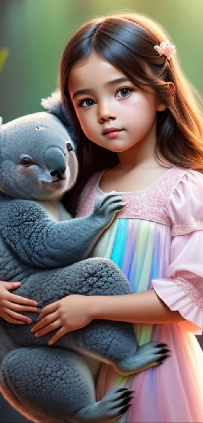 A young girl in a pastel dress holds a koala in a softly-lit, dreamy forest setting.