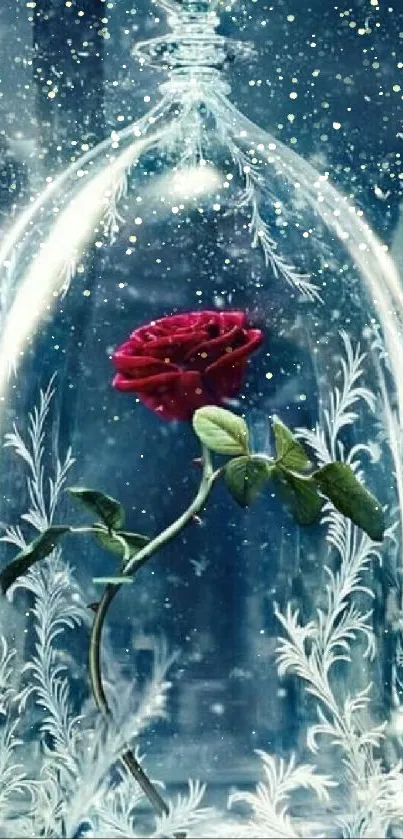 Enchanted rose under glass dome with magical background.