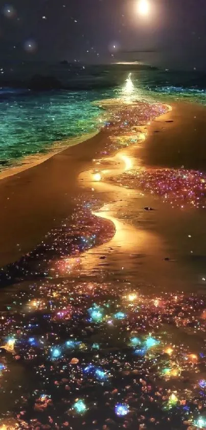 Glittering beach under moonlight with colorful sparkles and shimmering ocean waves.