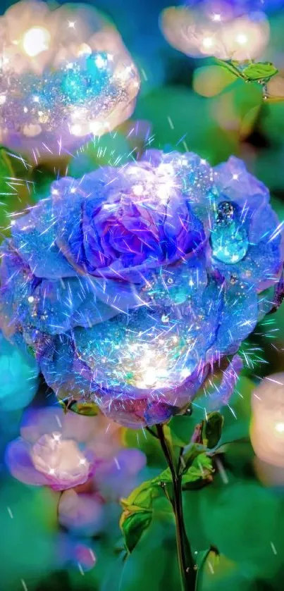 Magical blue rose with glitter and glowing lights for mobile wallpaper.