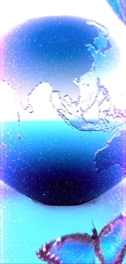Glowing neon globe with butterfly art in vibrant blue hues.