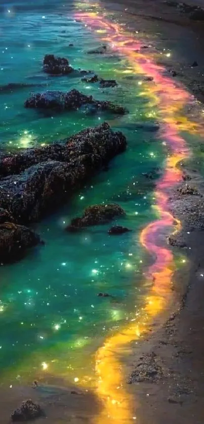 Enchanting night beach with glowing water and colorful lights.