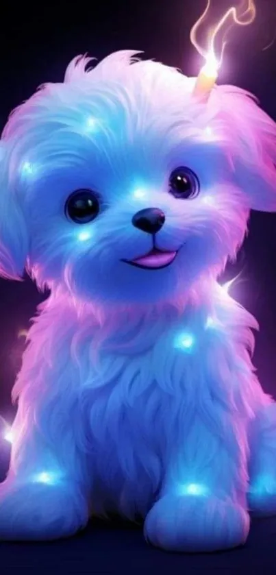 A glowing puppy with neon pink and blue fur, sitting happily.