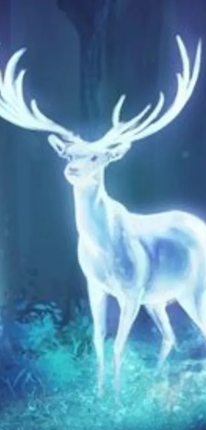 Glowing deer in a mystical forest with ethereal blue hues.