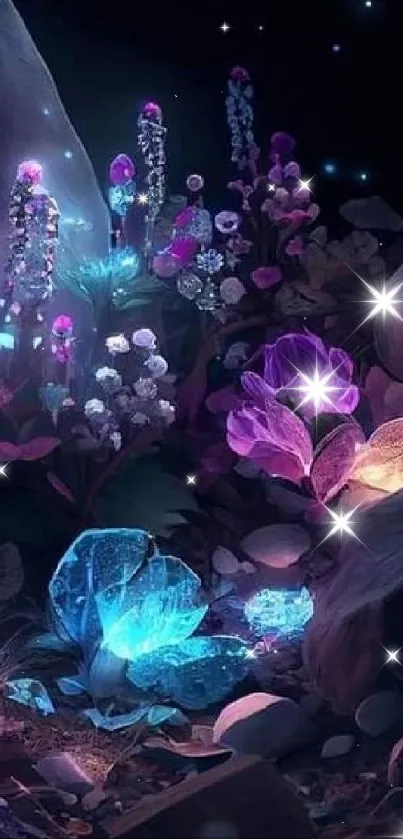 Fantasy scene with glowing plants and rocks in a mystical forest setting.