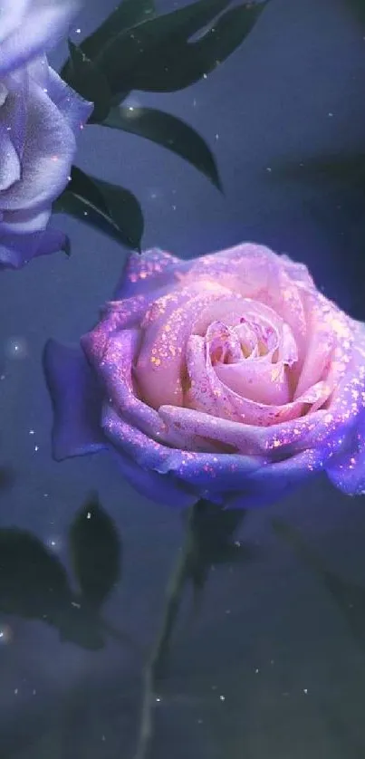 A glowing pink and purple rose in a dark floral setting.