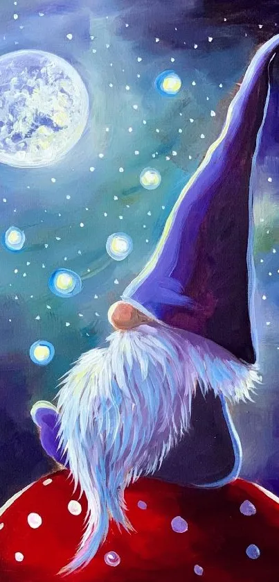 Whimsical gnome beneath a starry night sky.