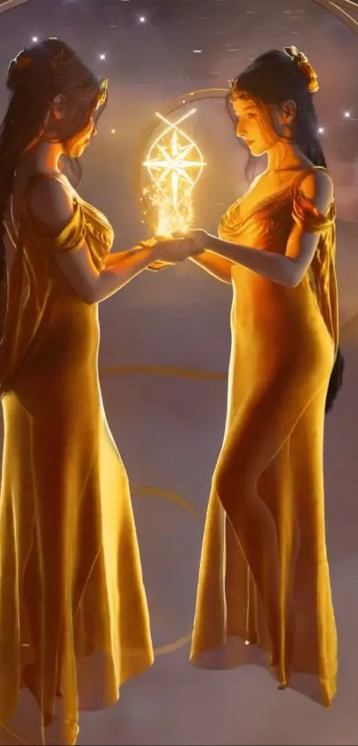 Mystical duo exchanging golden energy in a celestial setting.