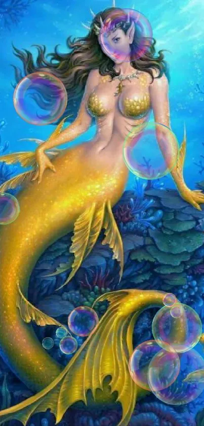 Golden mermaid in vibrant ocean art.