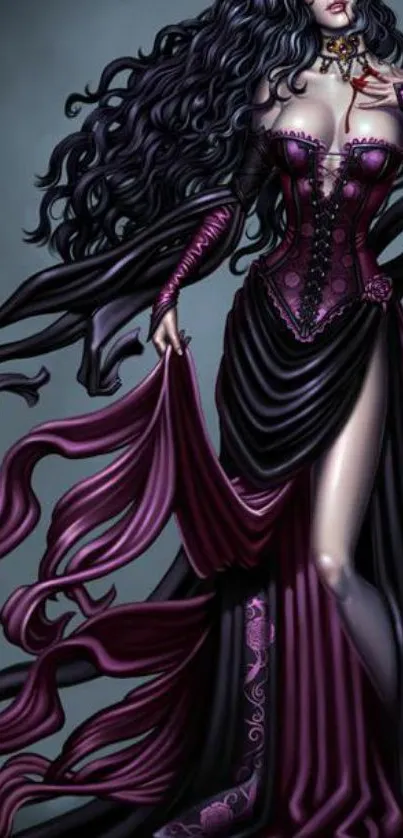 Gothic fantasy wallpaper with an elegant dark purple flowing gown.