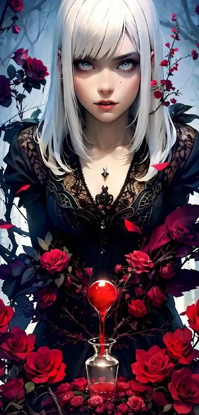 Gothic fantasy wallpaper featuring a mysterious figure surrounded by red roses.