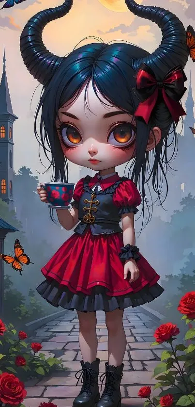Gothic fantasy artwork with character and red dress surrounded by roses.