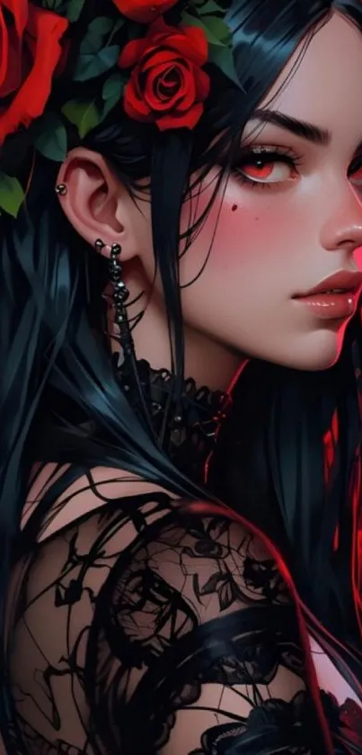 Gothic lady with dark hair surrounded by red roses, wearing lacy attire.