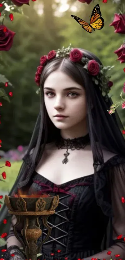 Gothic portrait with red roses and butterfly