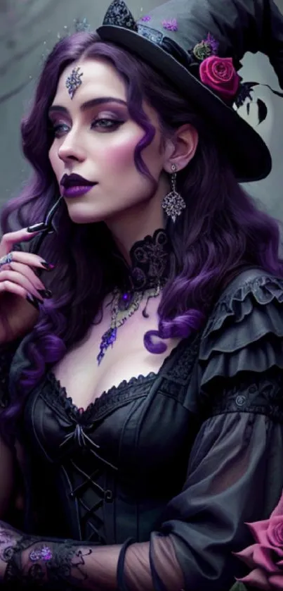 Gothic witch with purple hair and hat amidst roses.