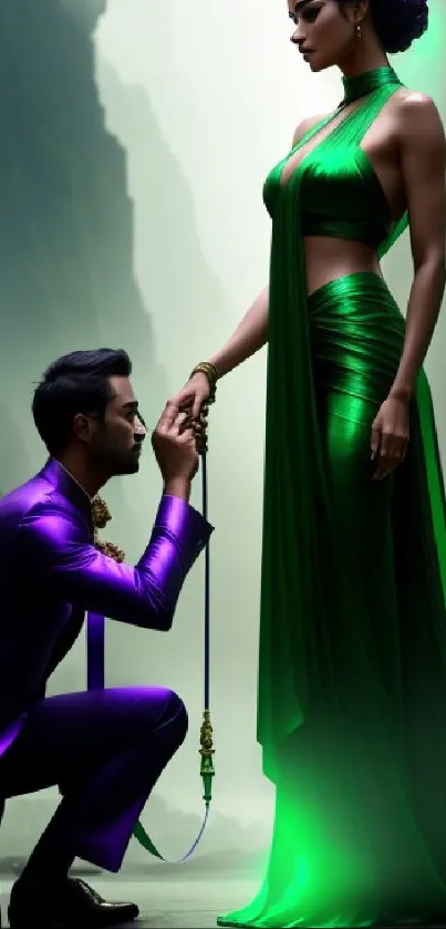 A man kneeling and holding hands with a woman in green, set in a mystical scene.