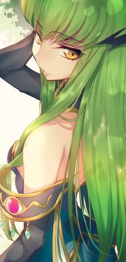 Anime character with vibrant green hair, exuding mystical elegance.