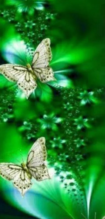 Ethereal white butterflies on vibrant green background wallpaper.