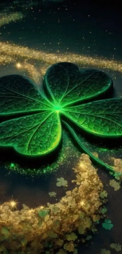 Stylish glowing green clover with magical sparkles for mobile wallpaper.