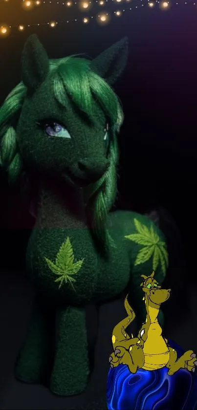 Green mystical pony with leaf motifs under twinkling lights at night.