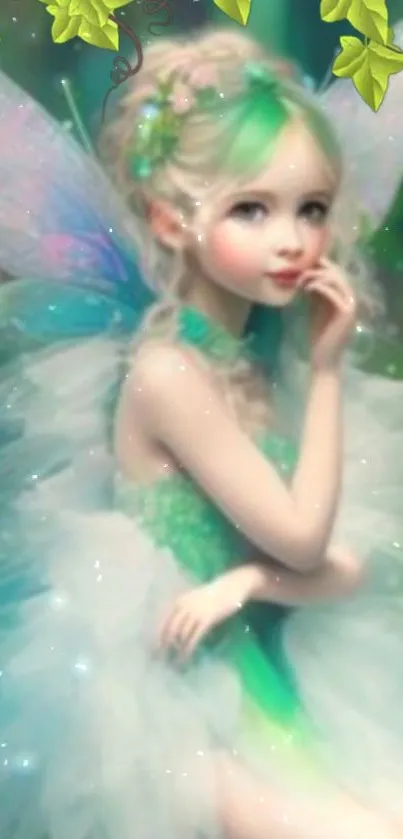 Green fairy with ethereal wings on a magical background.