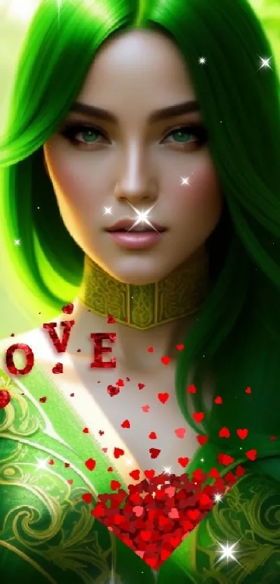 Fantasy art of a mystical green-haired woman with love heart graphic.