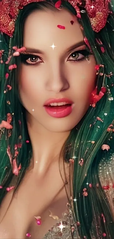 Artistic wallpaper of green-haired enchantress with vibrant adornments.