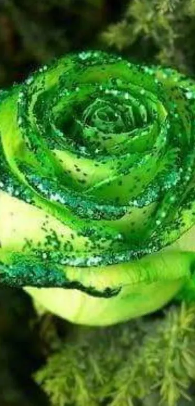 Green rose with glitter on leafy background.