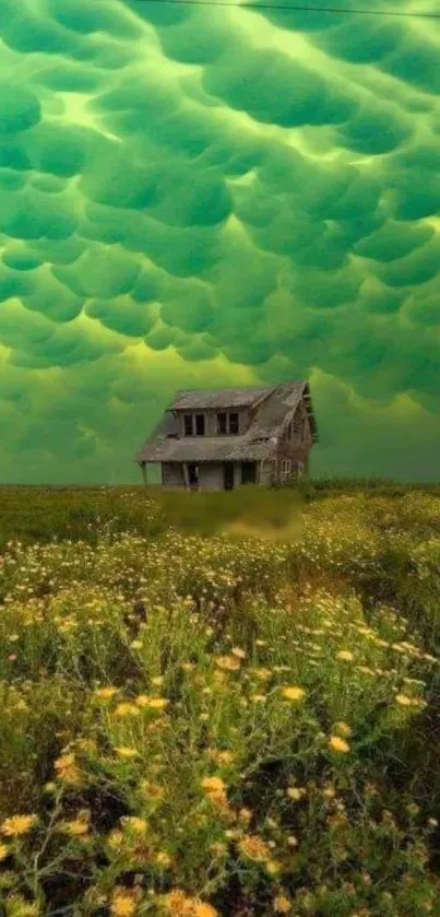 Green sky over a field with wildflowers and an abandoned house.