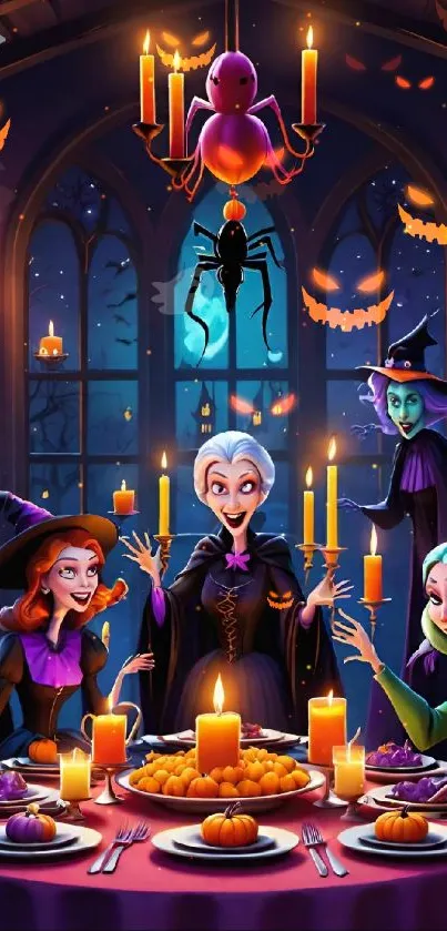 Magical Halloween dinner with witches and candlelight.