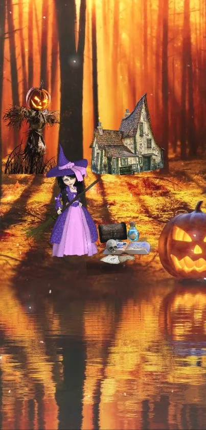 Enchanting Halloween scene with witch, pumpkins, and a spooky forest in autumn colors.