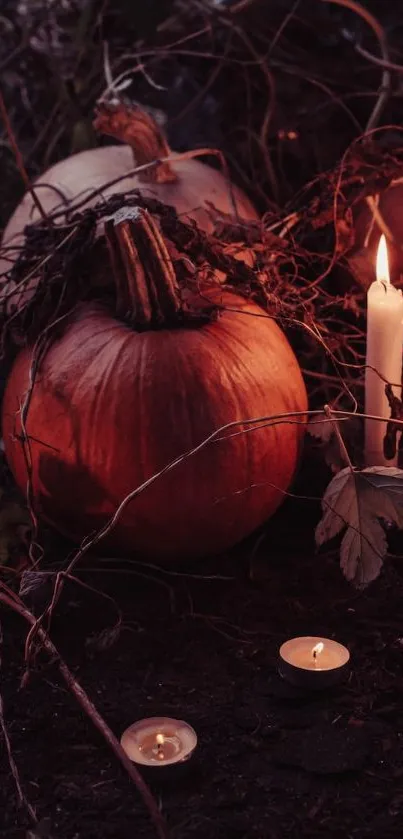 Dark Halloween scene with pumpkins and candles glowing in the night.