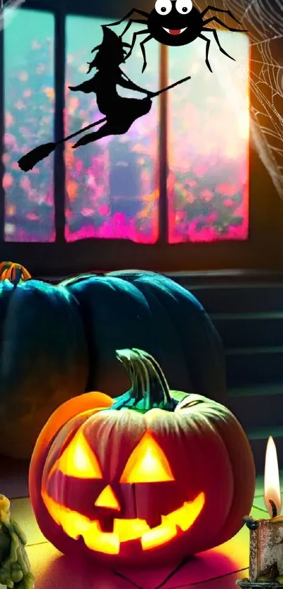 Halloween scene with witch and glowing pumpkin by a window.
