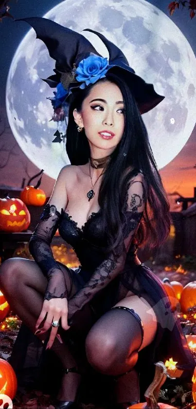 Halloween witch with pumpkins and full moon at night.