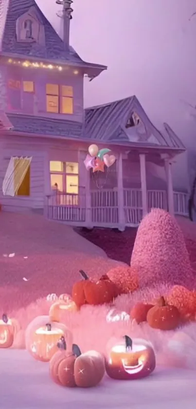 Pink Halloween cottage with glowing pumpkins and autumn vibes.