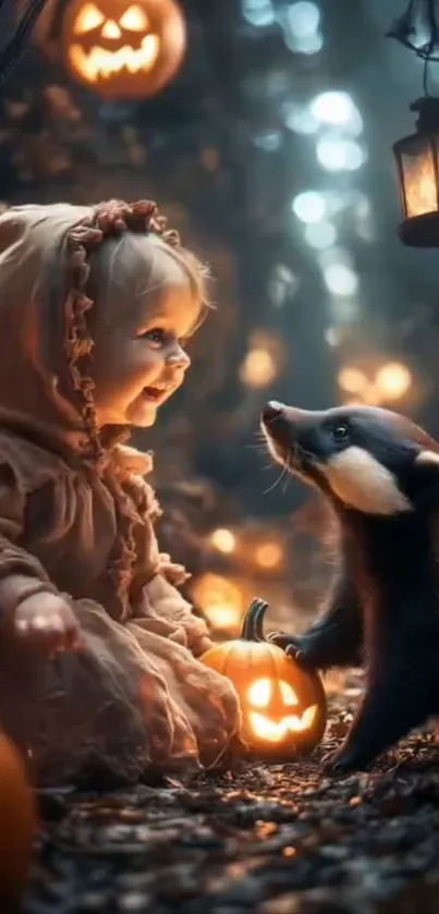 Child and badger in a magical Halloween forest with glowing pumpkins and lanterns.