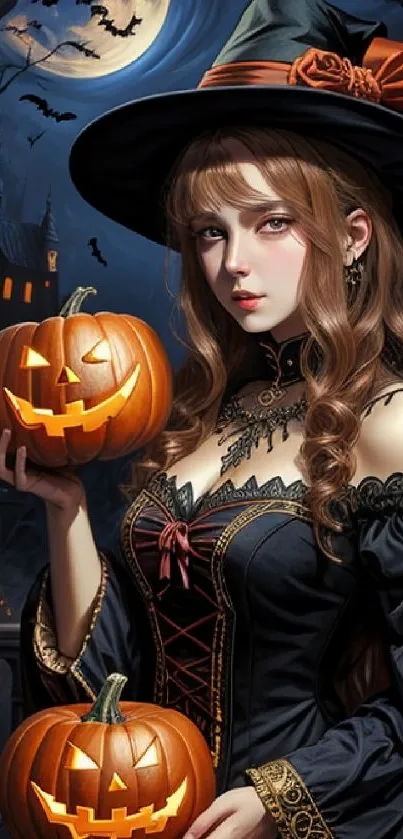 Mystical witch holding pumpkins under a spooky moonlit sky.