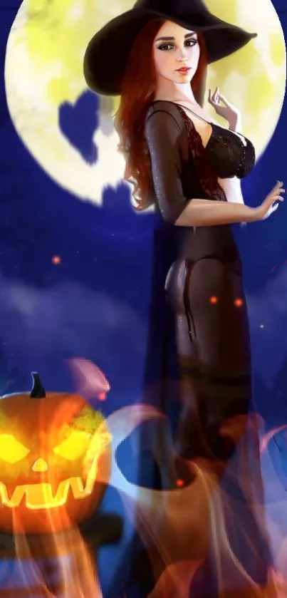 Halloween witch with pumpkin under full moon wallpaper.