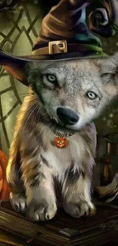 Enchanting Halloween wolf pup with wizard hat and pumpkin.