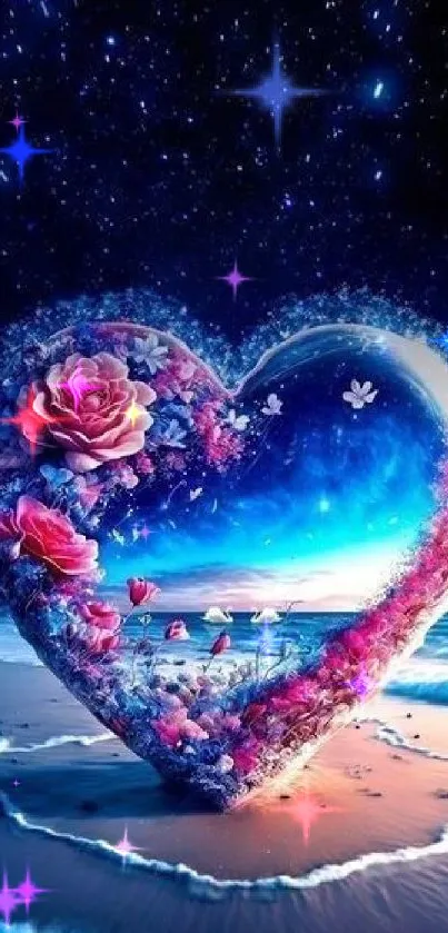 Heart-shaped ocean scene with flowers and stars on the beach.