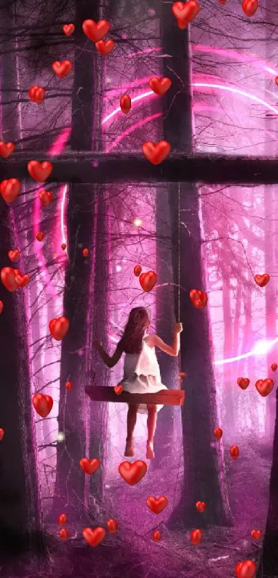 Girl on swing in a mystical, heart-filled purple forest.