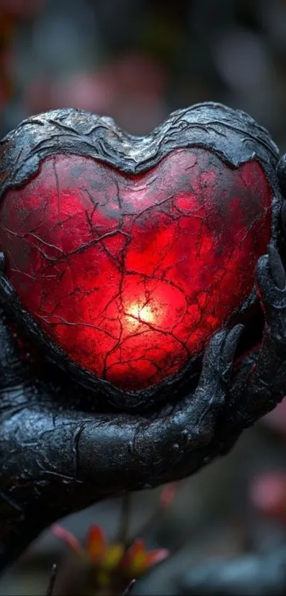 Glowing red heart held in textured artistic hands.