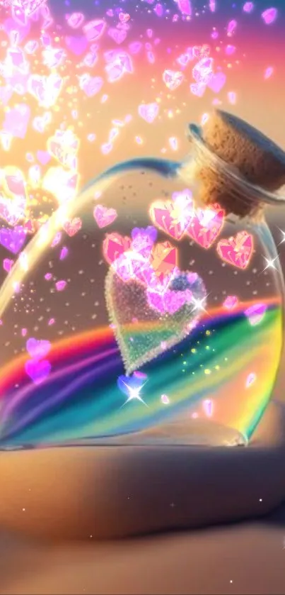 Glowing heart in a glass jar with rainbow inside and pink sparkles.